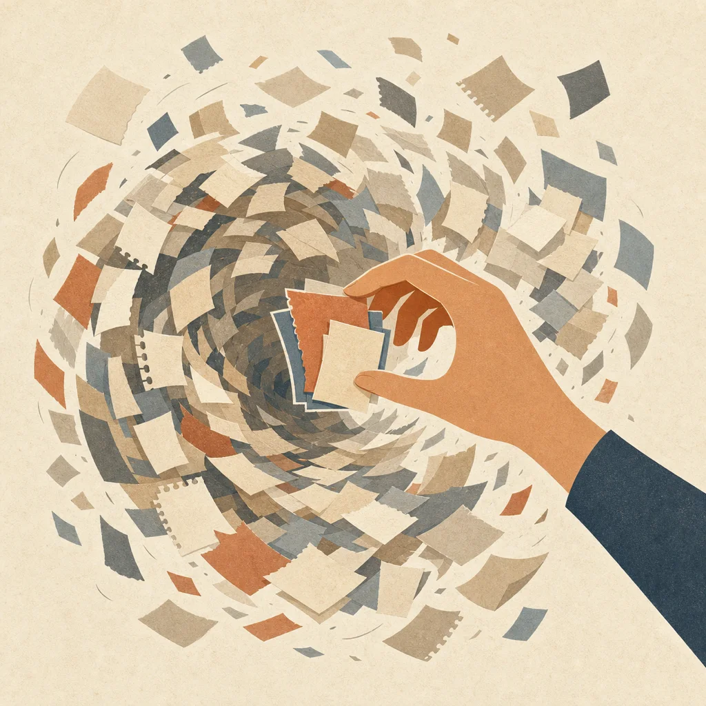 A hand plucking a fragment from a swirl of scattered paper scraps