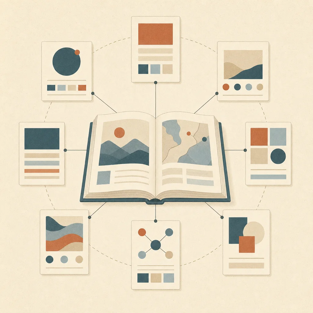 An open book radiating links to a set of orderly cards